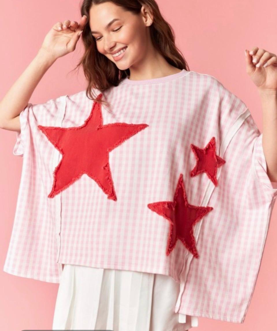 Stars Patch Gingham Dolman Top