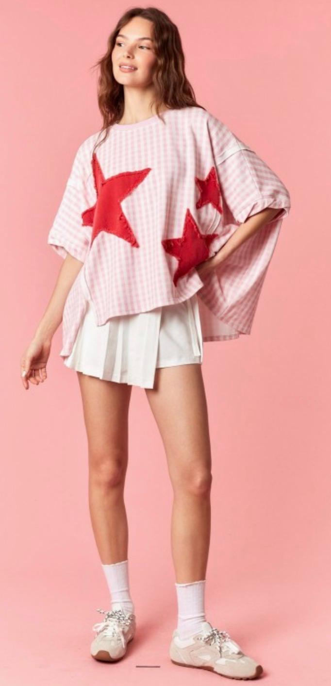 Stars Patch Gingham Dolman Top