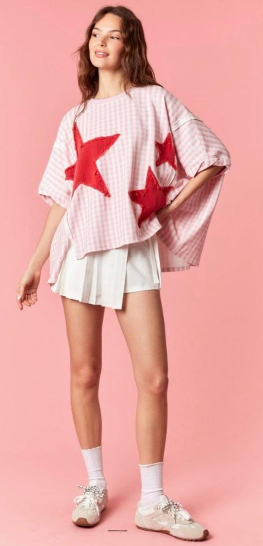 Stars Patch Gingham Dolman Top