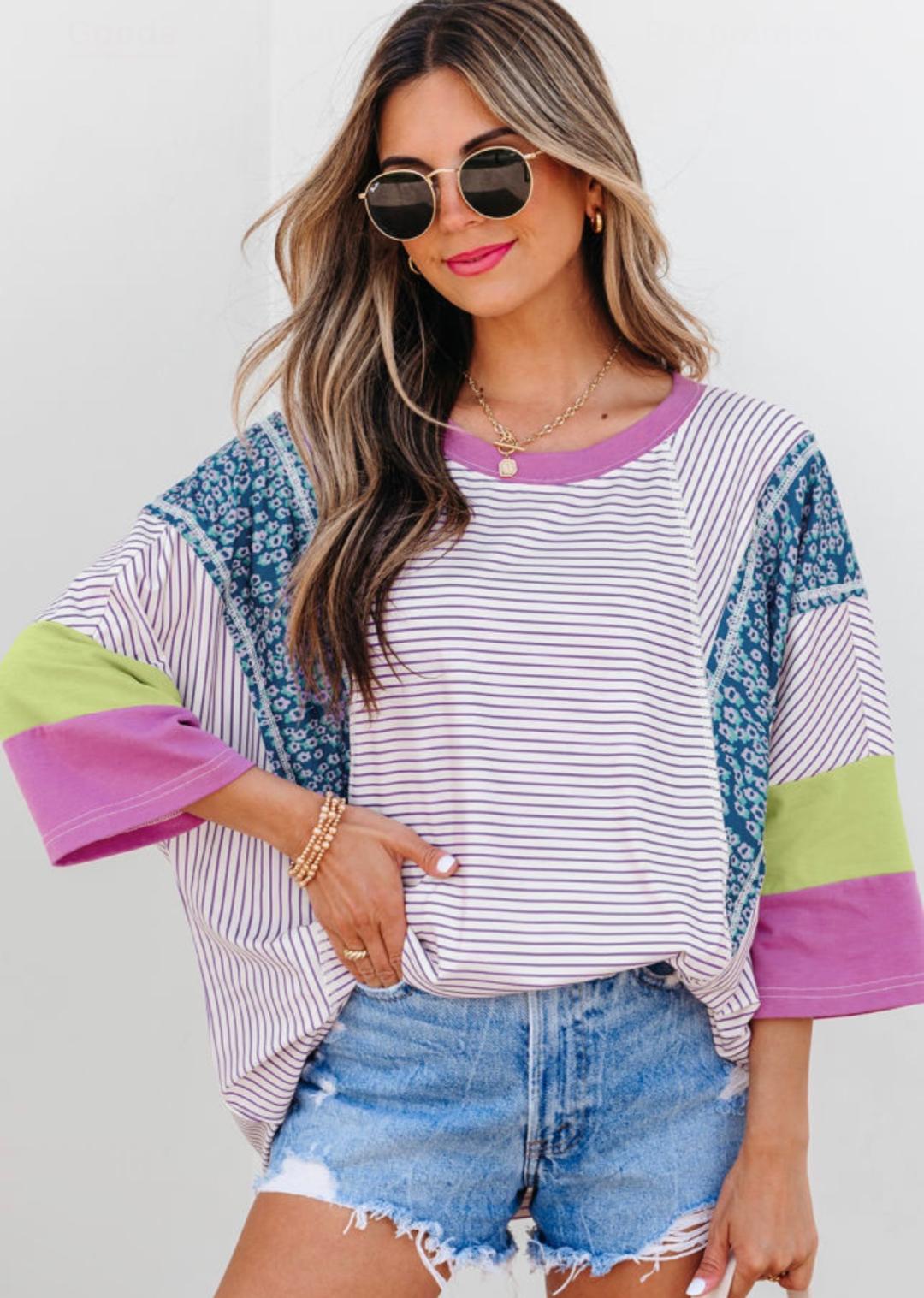 Purple Striped Floral Tee